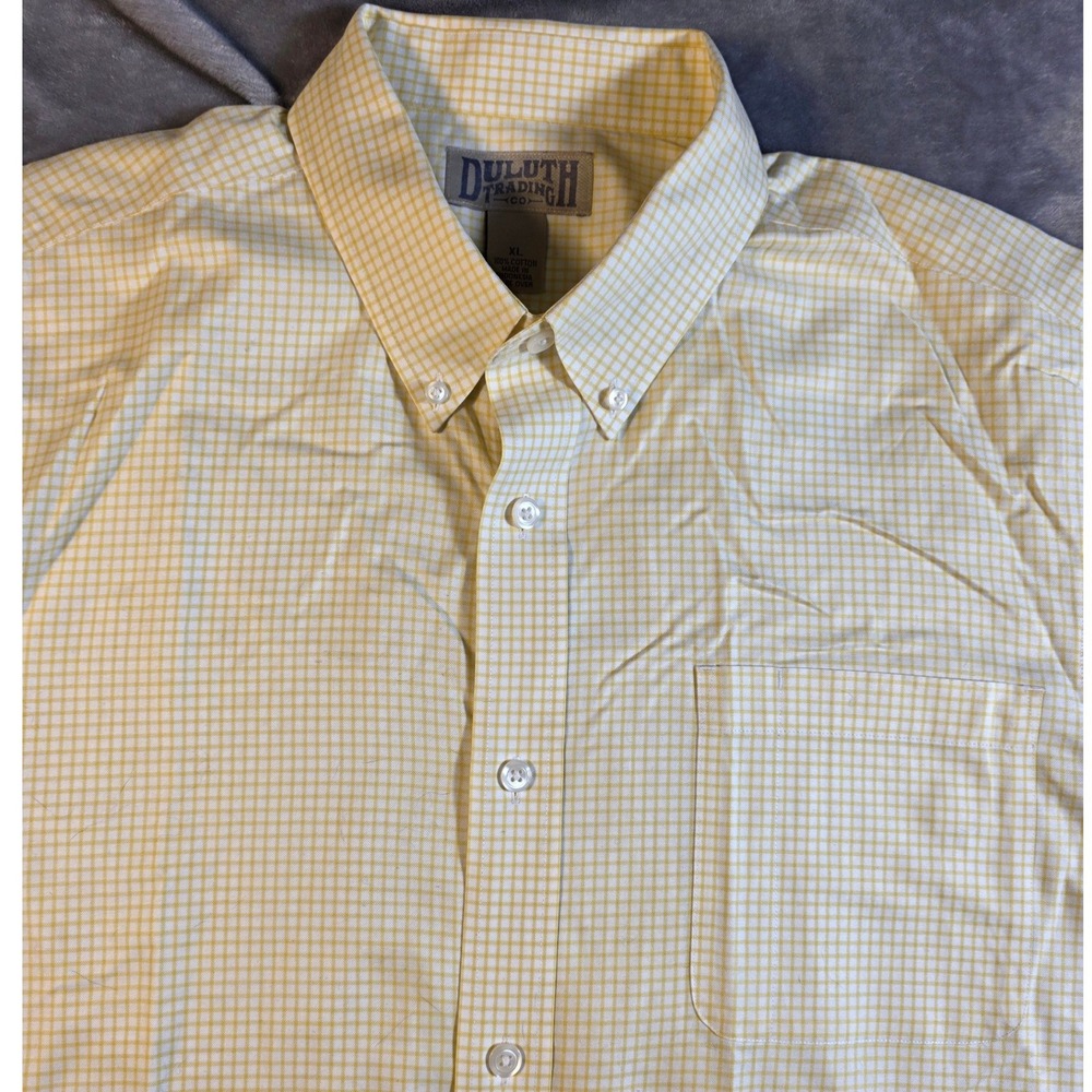 Duluth Trading Co Button Down Shirt Mens XL Yellow Micro Check Gusseted Underarm